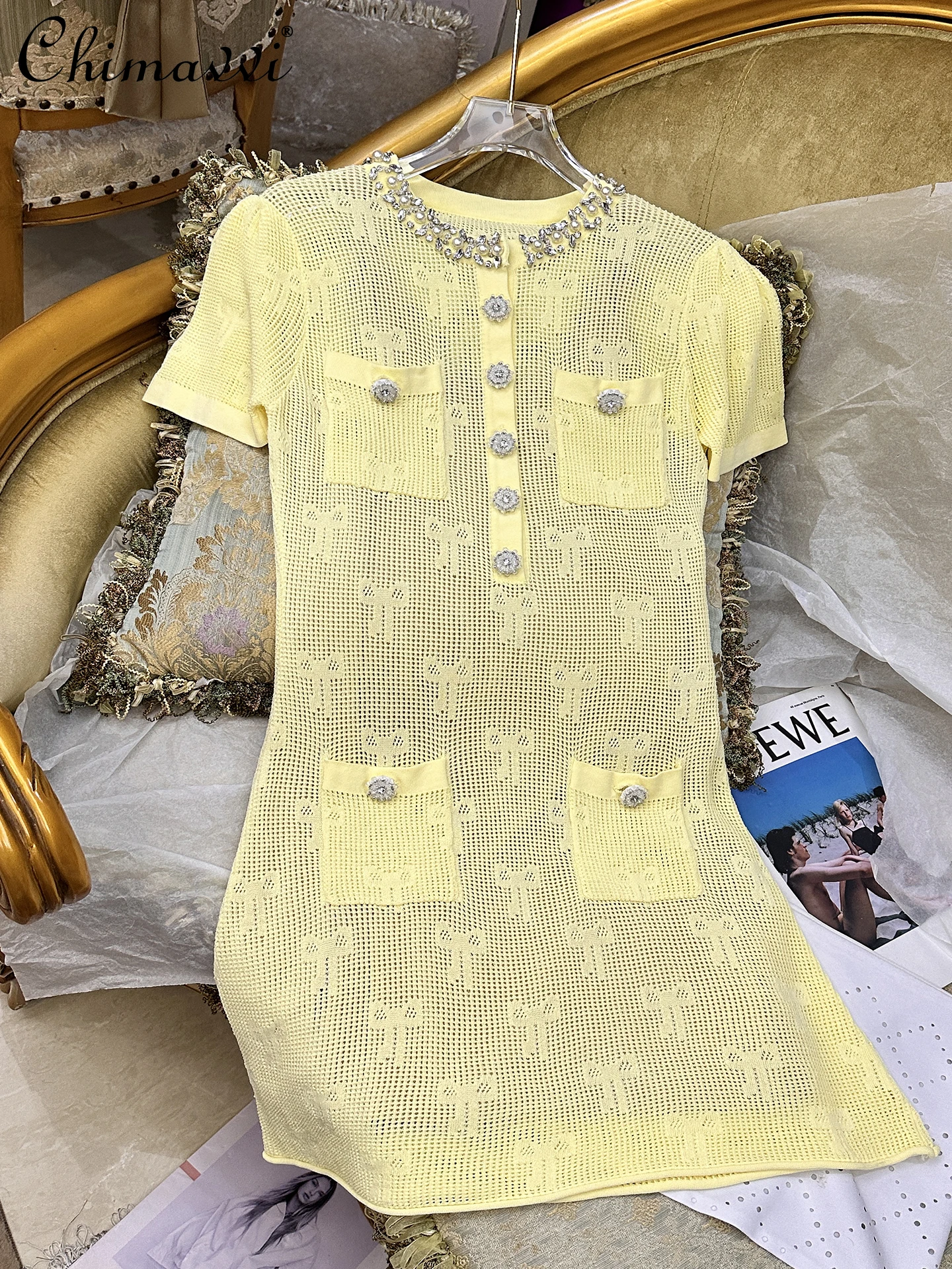 

2025 Autumn New Fashion Short-sleeved Knitted Dress French Hollow Perspective Heavy Industry Yellow Holiday Girl Womens Dress