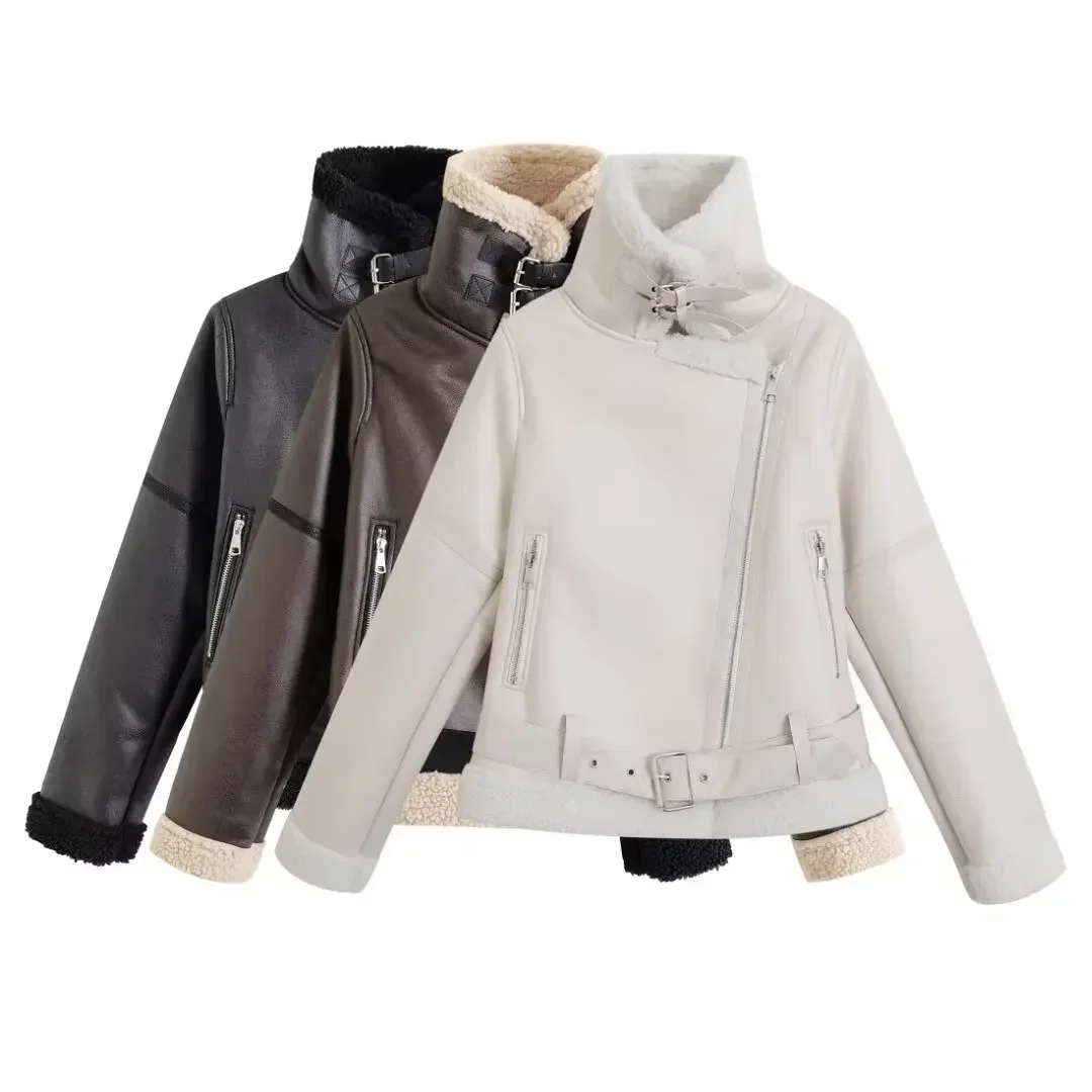 

Women's New Fashion With Belt Casual Side Pocket Fur Faux Leather Jacket Coat Retro Long Sleeve Zipper Women's Coat Chic Top