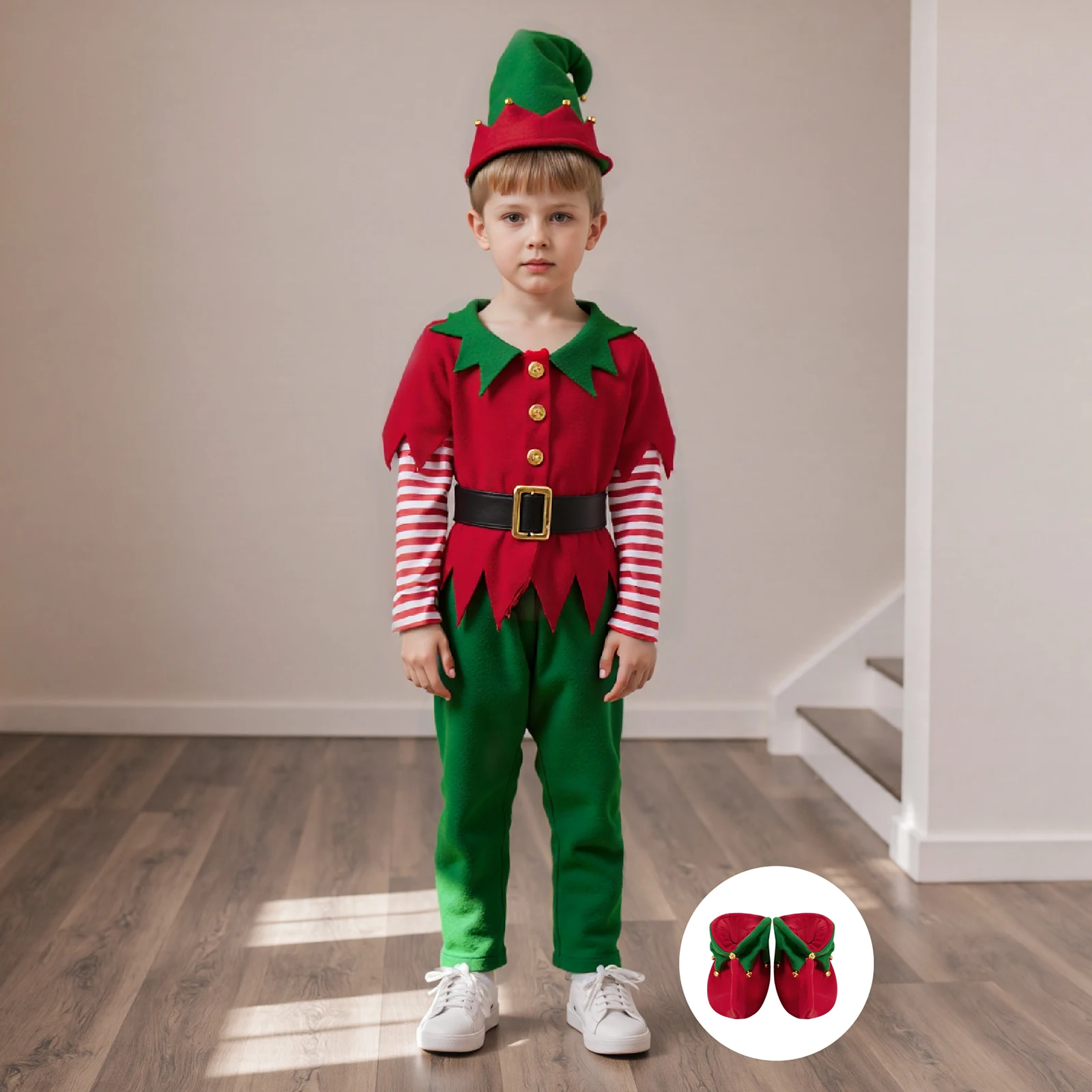 زي قزم عيد الميلاد للأولاد، قمصان مبتكرة بأكمام طويلة مع بنطال وقبعة وحزام وجوارب للحفلات التنكرية #3