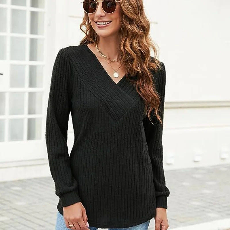 Women Autumn and Winter New Trendy V-Neck Solid Knitted Loose Look Thinner Casual Plus Size Sweater Versatile Long-sleeved Tops