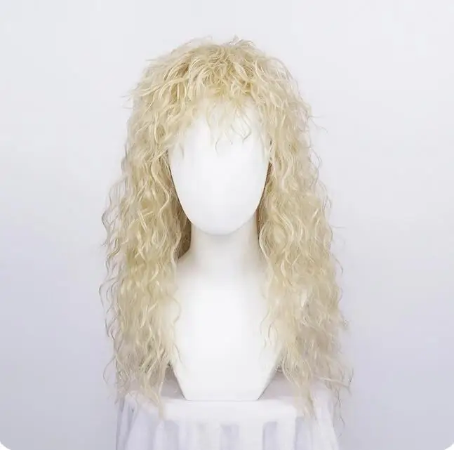 Men\'s Long Curly Blonde Hair Halloween Cosplay Synthetic Wig Punk   Fluffy Wig + Wig Cap