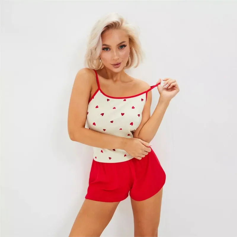 2025 Summer Heart Printed Pajamas Set Women Homewear Sexy Sling Crop Tops and Shorts 2 Pieces Short Pijamas Sleepwear Loungewear