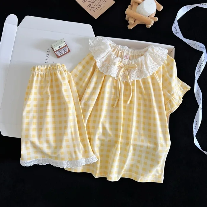 Cute Girls Checkered Pajama Set Lace Bow Frill Short Sleeve Two-Piece Shorts Outfit Smooth Breathable Summer Children Nightwear