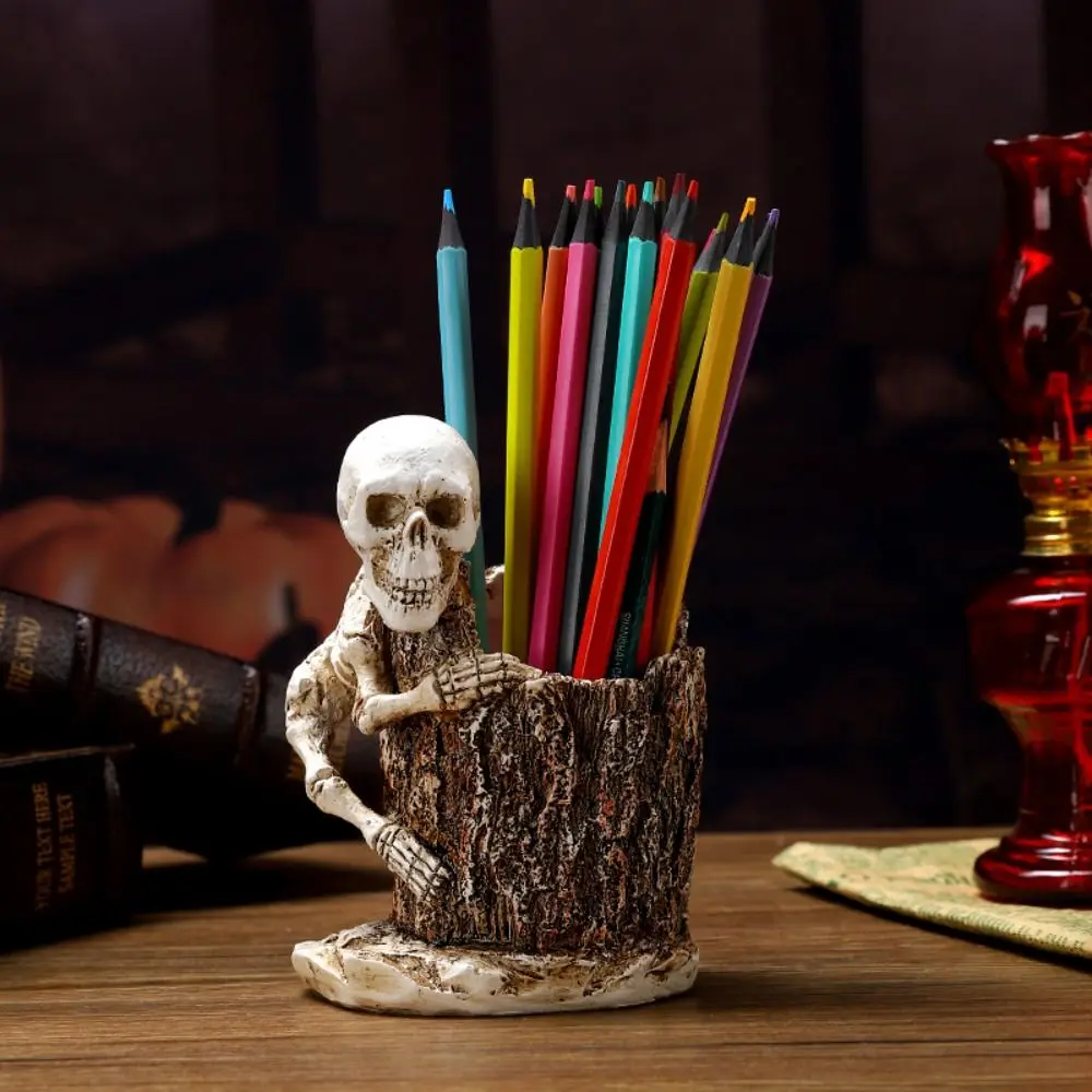 Scary Halloween Skull Pen Holder Resin Crafts Festival Skeleton Statue Ornament Funny Skeleton Toothbrush Holder Haunted House