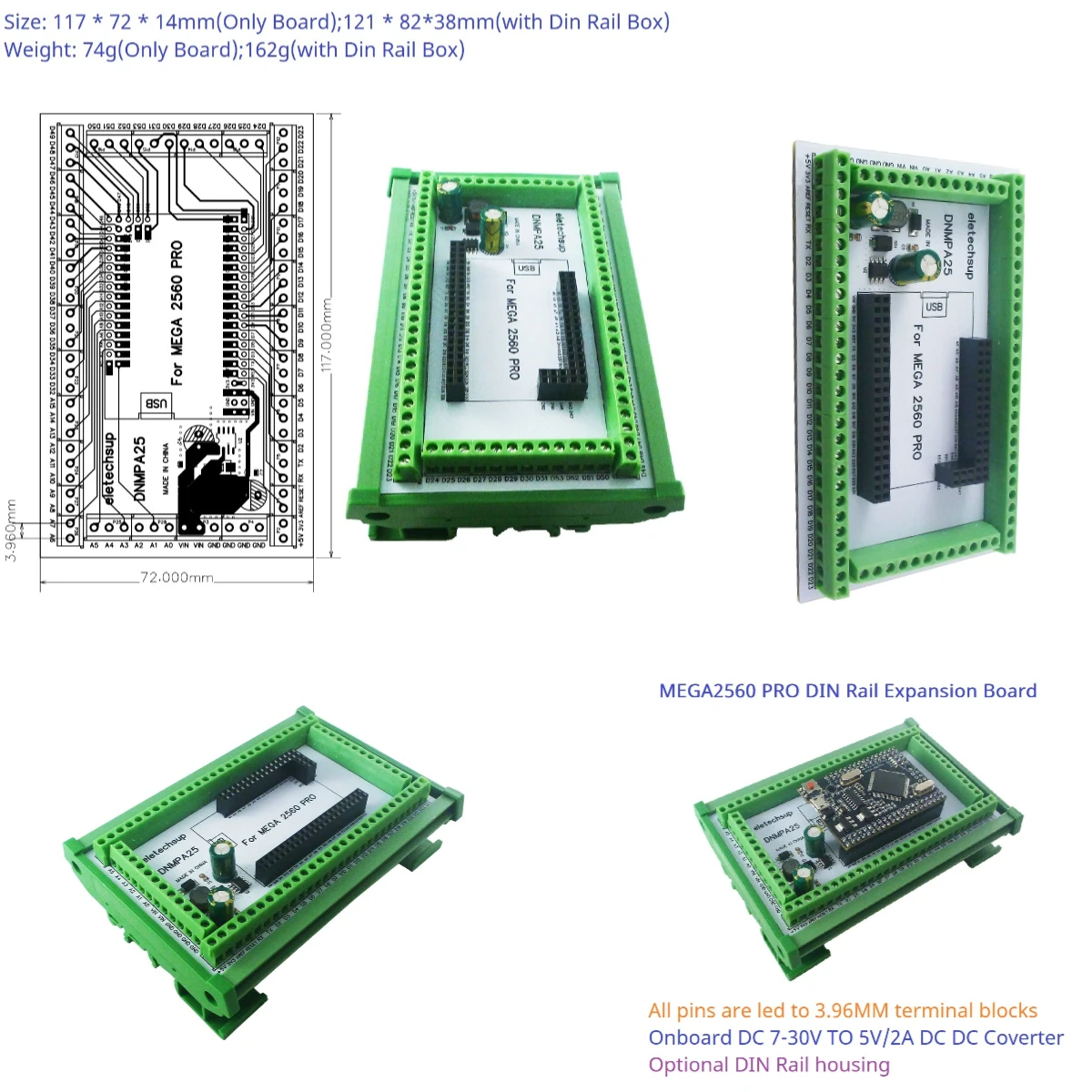 DC-DC 5V 2A Converter MEGA2560 PRO DIN Rail Expansion Board 3.96mm Mount Screw Terminal Block Adapter Module DNMPA25 for Arduino