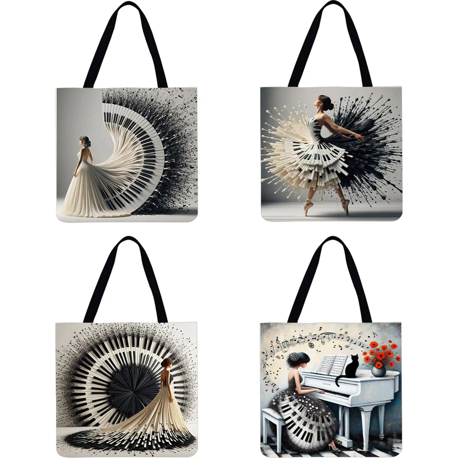 

4pcs Piano Girl Linen Tote Bag Handbag Large Capacity Women Shoulder Bags
