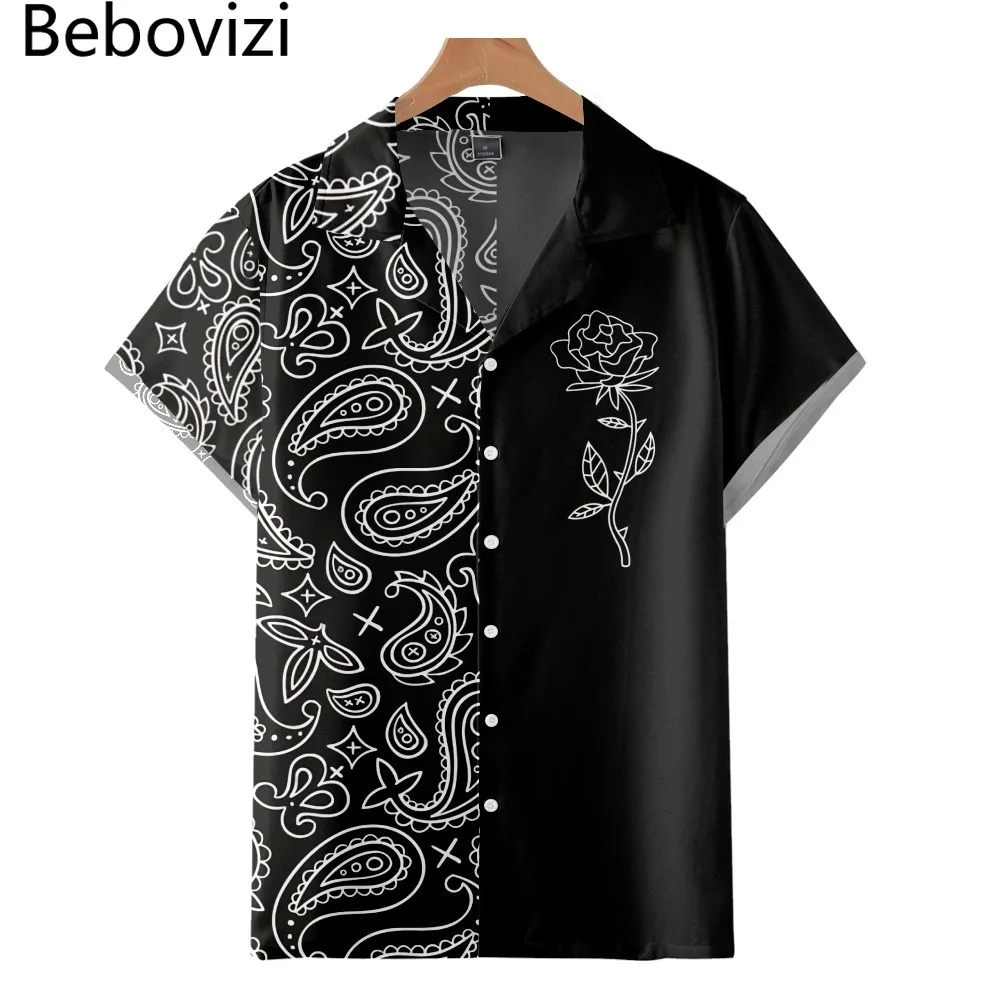 

Hip Hop Rose Cashew Flowers Short Sleeved Black Shirt Summer Fashion Men Hawaiian Camisas Men Streetwear Designer Shirts