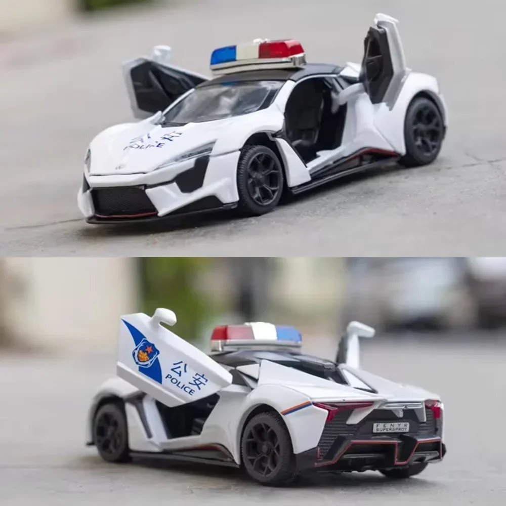 

1:32 Scale Lykan Model Police Cars Toy Metal Miniature with Light Sound Vehicle Rubber Tires 4 Doors Opened Car Boys Adult Gifts