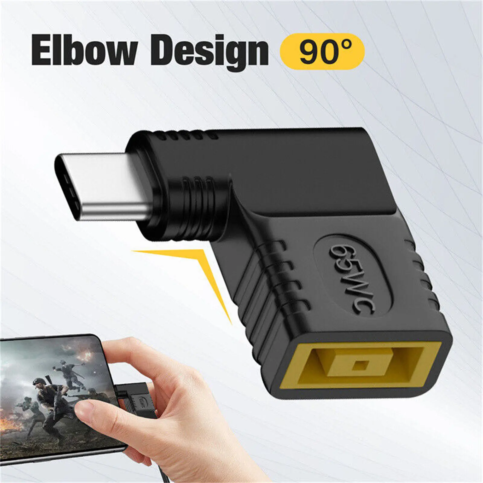 Adaptador de energia tipo C para acessórios portáteis Lenovo, USB-C macho para conversor feminino quadrado, carregador quadrado de 90 graus, 65W, PD