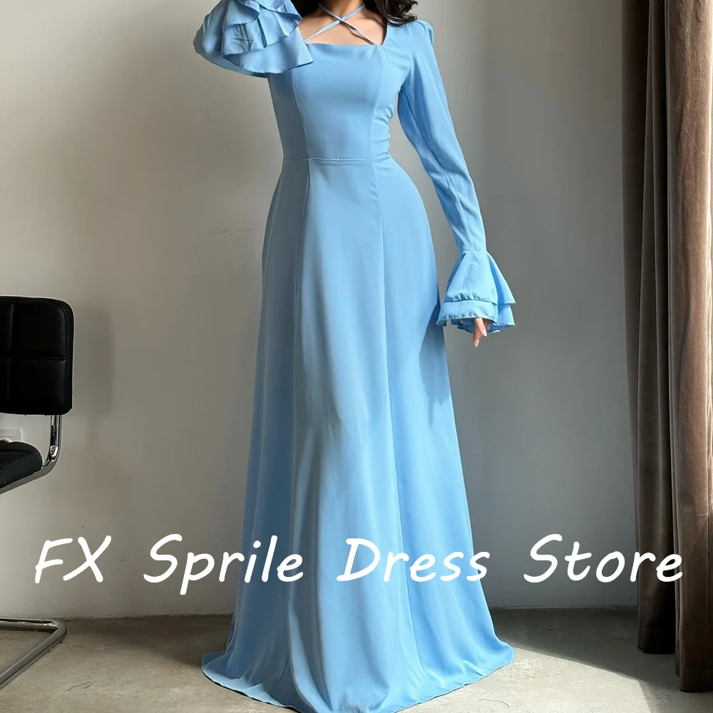 Square Neck Long Flare sleeves Jersey A-Line Floor Length Solid Color Criss-Cross Zipper Back Custom Size Evening Dresses Woman