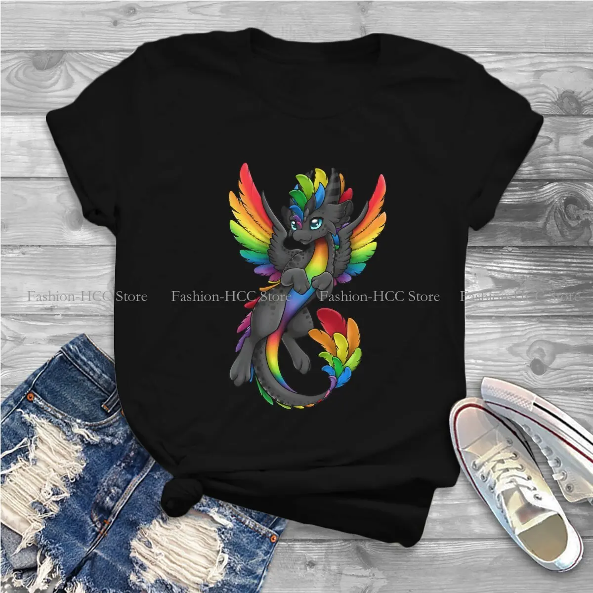 Zen 'Black Rainbow' Dragon Hipster Polyester TShirts Dragon Design Female Graphic T Shirt Round Neck