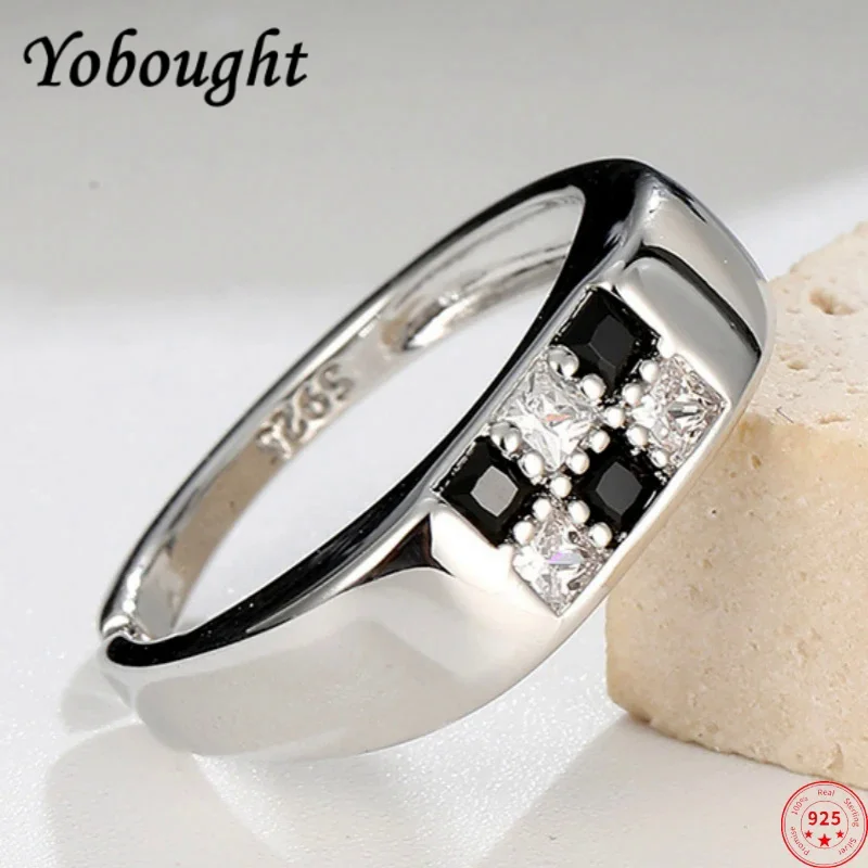 

S925 sterling silver rings for women men new fashion chessboard grid pattern zircon adjustable punk jewelry Christmas gift