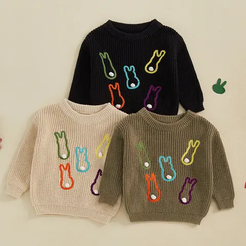 아기 소년 소녀 스웨터 토끼 자수 긴팔 크루넥 니트웨어 풀오버, 부활절 상의