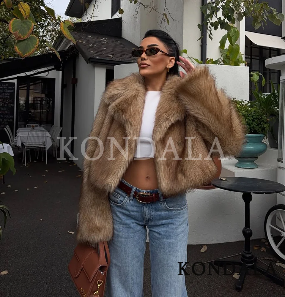 

KONDALA Fall Winter Fur Jacket Streetwear Lapel Faux Fur Short Jacket Coat 2025 Fashion High Street Elegant Chic Women Jacket