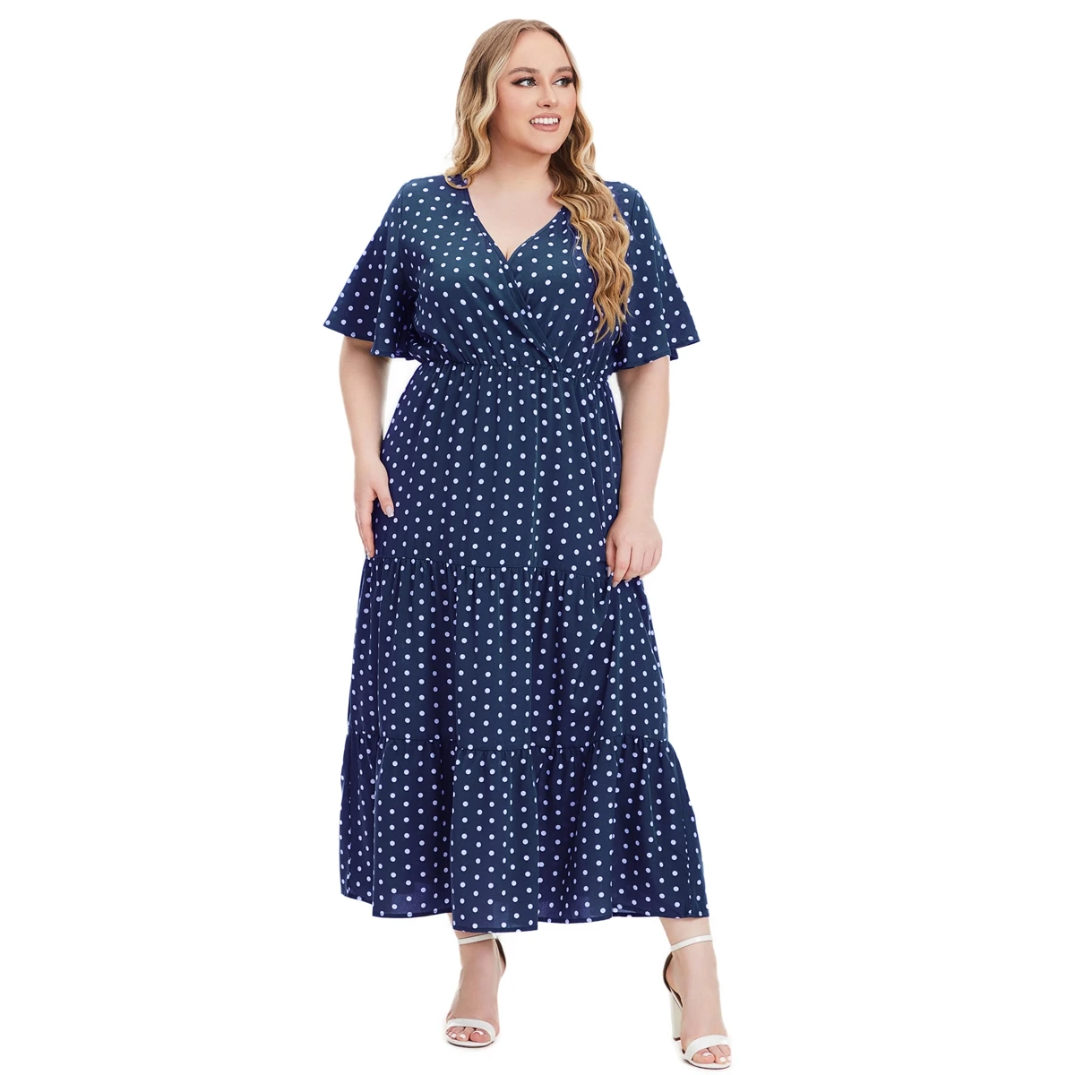 Plus Size New Arrival Fashional Polka nadruk w kropki V dekolt z krótkim rękawem artystyczne swobodne sukienki dla dużych kobiet