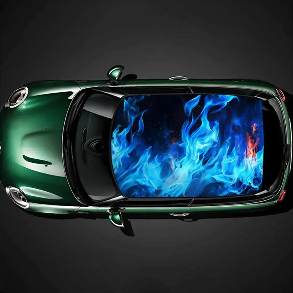 

Fantasy Blue Neon Flame Fire Car Roof Sticker Wrap Racing SUV Auto Accessories Packaging PVC Car Hood Graphic Decal Decoration