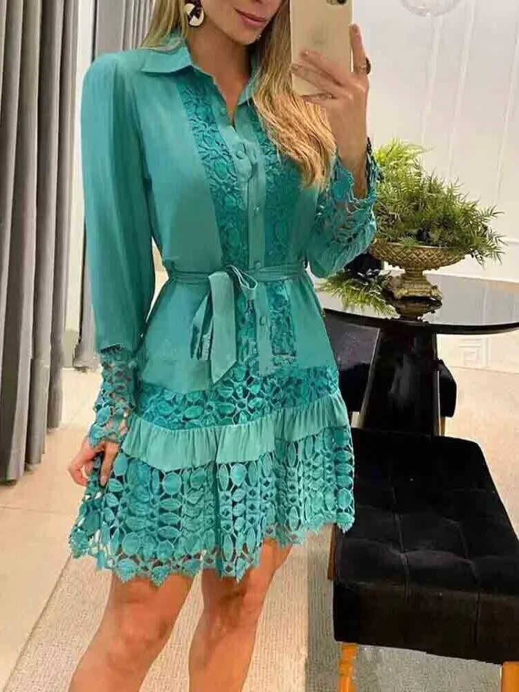 Spring Autumn Hollow Out Floral Solid Color Fashion Casual Sexy Lace Patch Shirt Dress Mini Dress Y2k Party Holiday Vestido