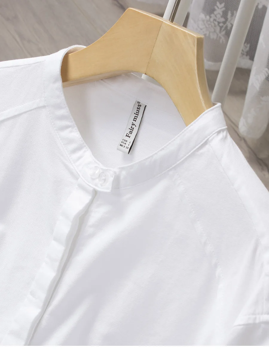 Ladies fashion cotton stand collar white shirt long sleeves concealed placket loose high quality new products