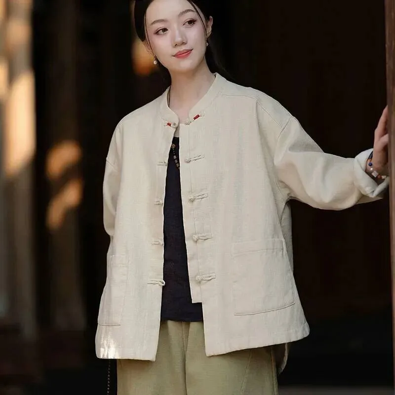 

Легкие хлопковые куртки Ramie на флисовой подкладке, осенняя верхняя одежда, китайский костюм Тан, застежка-лягушка, повседневное короткое пальто с карманами в стиле ретро