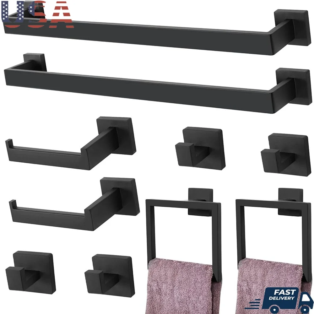 

10-Piece Matte Black Bathroom Hardware Set Stainless Steel Towel Bar Hooks Ring Toilet Paper Holder Wall Mounted Accessory