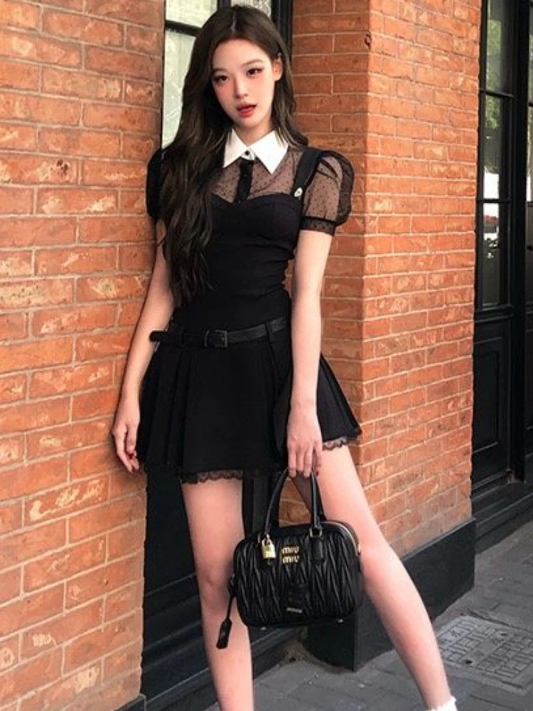 Lolita Gothic New 2 Piece Set Women Y2k Point Lace Blouse + Black Strap Mini Dress Female Korean Fashion Vintage Chic Suit 2024