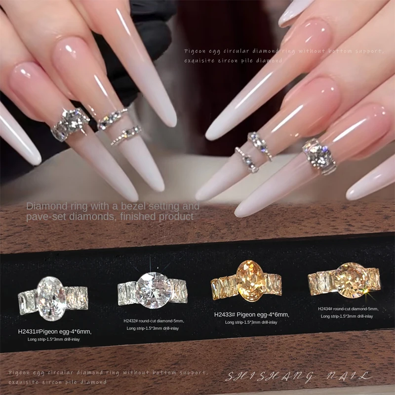 5pcsZircon Nail Art Pigeon Egg Round Cut Diamond Bezel Setting No Base Long Strip Pave Diamond Accessories for DIY Salon Nails