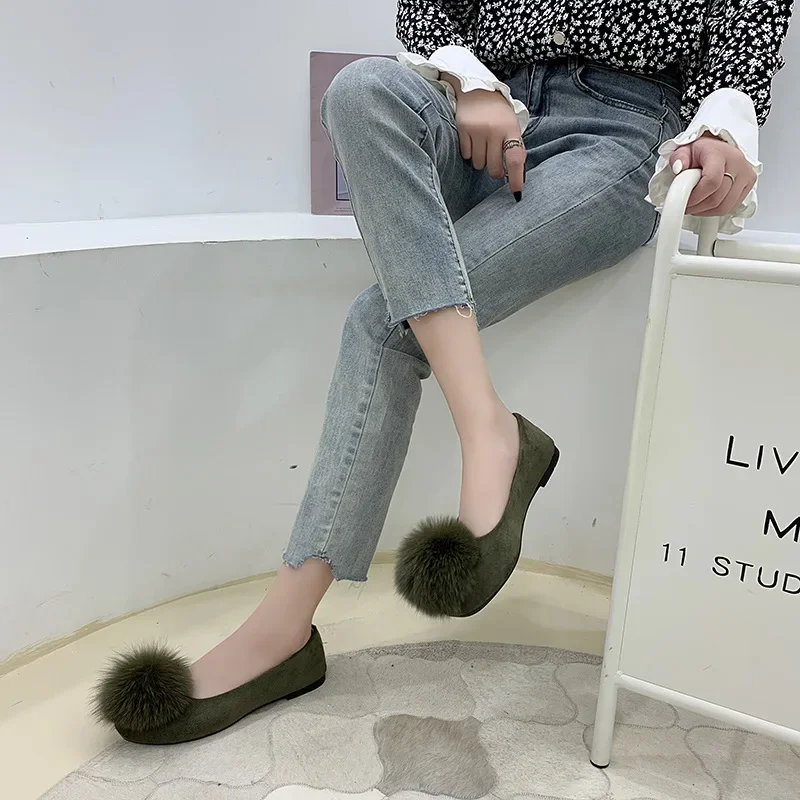 Furball single shoe woman 2024 Spring and Autumn Korean version square head suede women\'s flats big size casual shoes for women