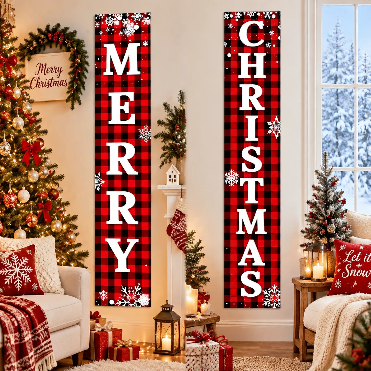 Merry Christmas Door Banner Red Black Buffalo Plaid Snowflake Porch Sign Xmas Wall Hanging Decor for Front Door