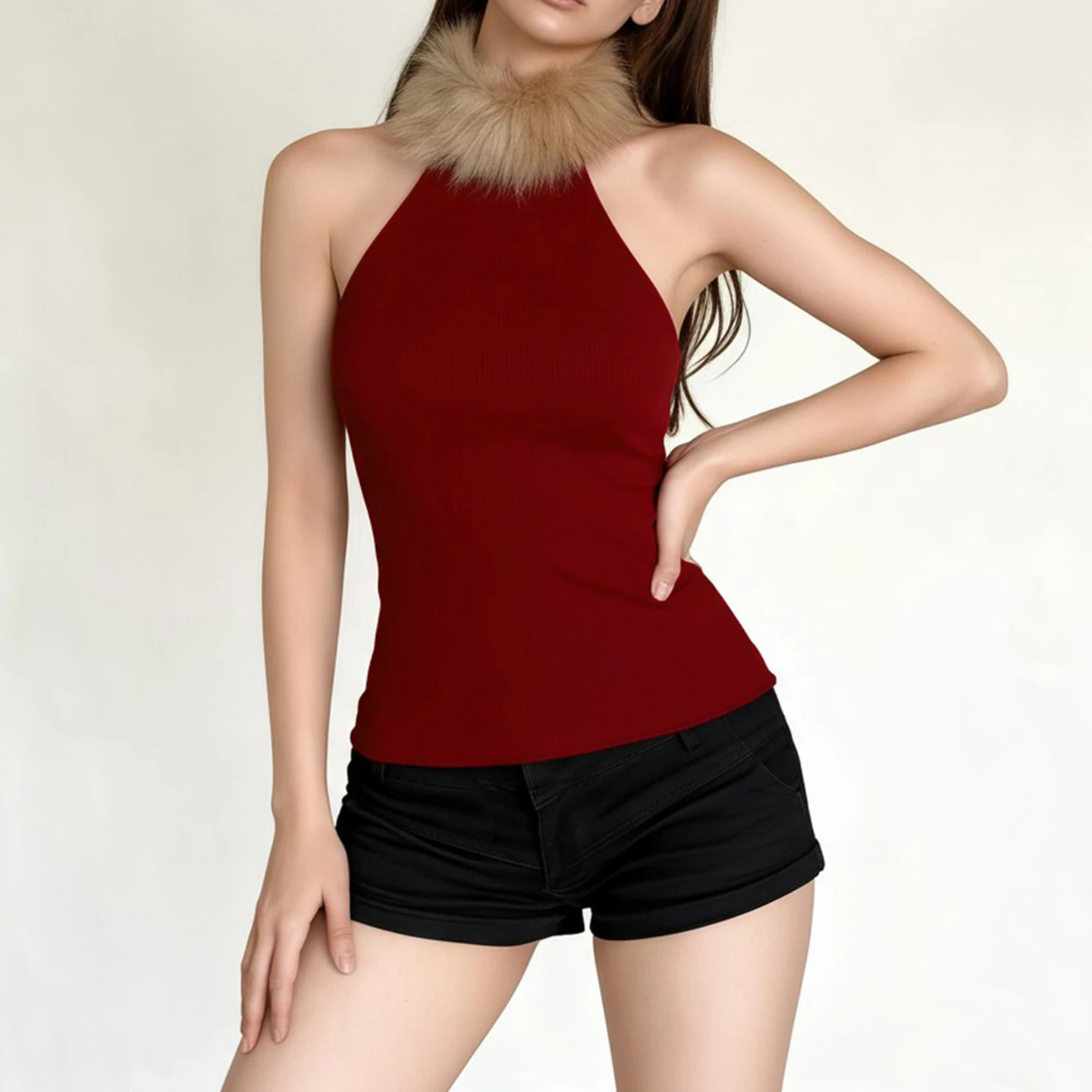 Vintage Patchwork Pelz Trim Kragen Tank Tops Weihnachten Aushöhlen Ärmellose Tanks Frauen 2025, Sommer Mode Streetwear Party