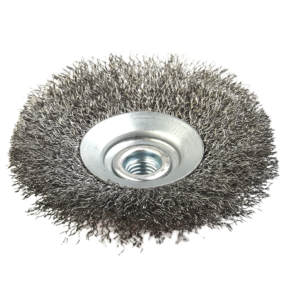 스테인레스 철사 베벨 브러시 앵글 연마기 청소용 회전 휠, M14x2 암나사, 최대 12,500rpm 나사, 100mm