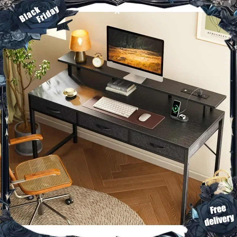 

55 inch Computer Desk with 3 Drawers, Office Desk Gaming Desk with LED Lights & Power Outlets, Home Office Desks