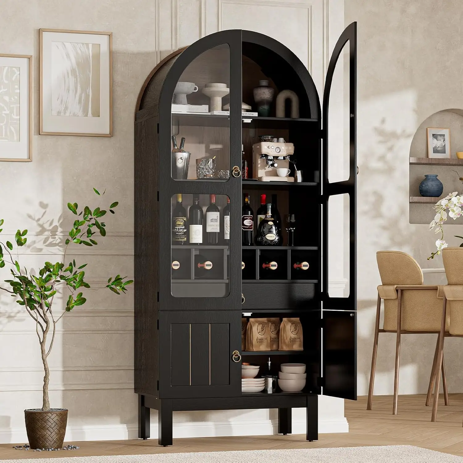 

Arched Wine Cabinet 71 Tall Kitchen Storage Cabinets with Door Adjustable Shelf for Multi Storage in Livingroom and Dining Room