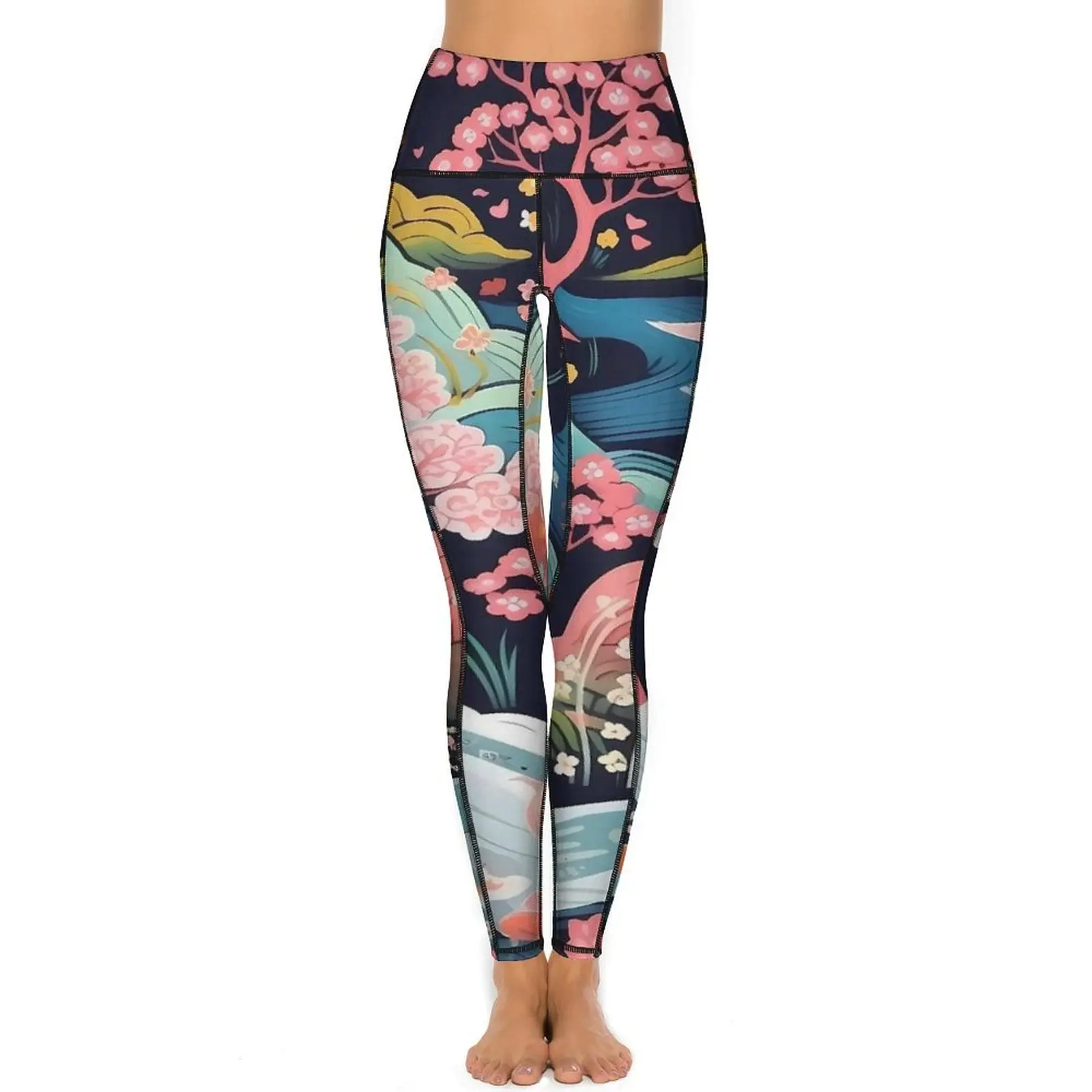 Japanese Art Inspired Design Yoga Pants Pockets Leggings Sexy Push Up Vintage Yoga Sports Tights Stretchy Running Leggins