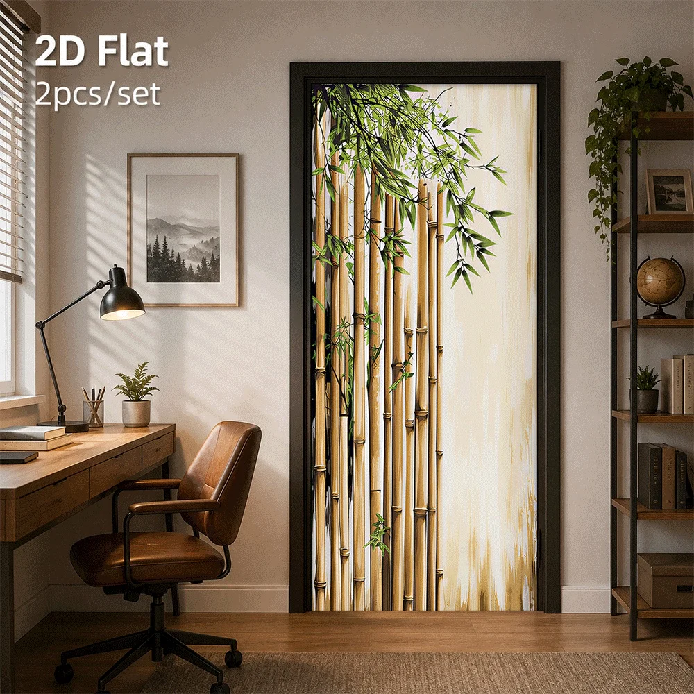 1 piece of Chinese Zen bamboo door sticker self-adhesive waterproof living room bedroom entrance decoration simulation bamboo fo