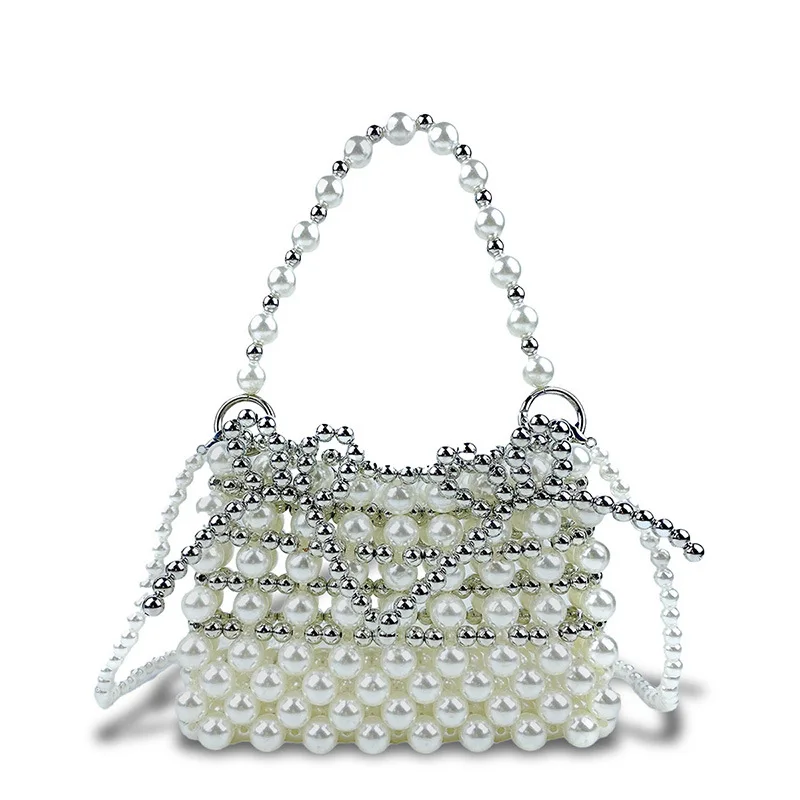 

2024 New Hollow Pearl Metal Weave Small Handbags For Women Fashion Cute Bow Tote Handbag Prom Party Beading Clutch Shoulder Bag