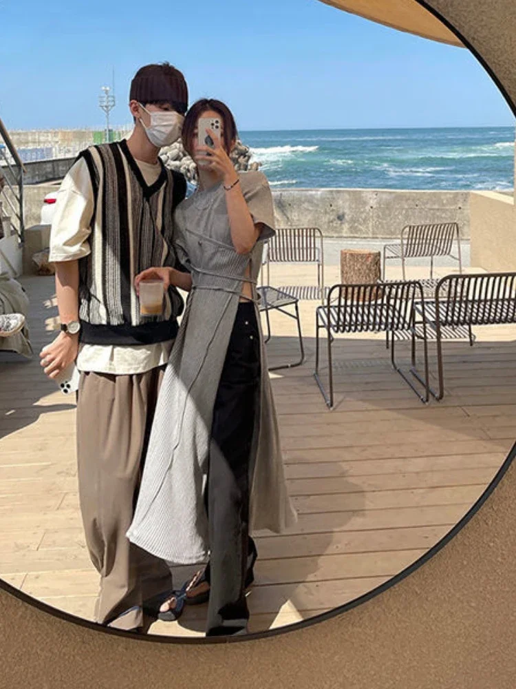 Women -neck Casual Y2k Sexy Asymmetrical Tee Dresses Vestido 2025 Summer Korean Fashion Bandage Split Side Long T-shirt Dress