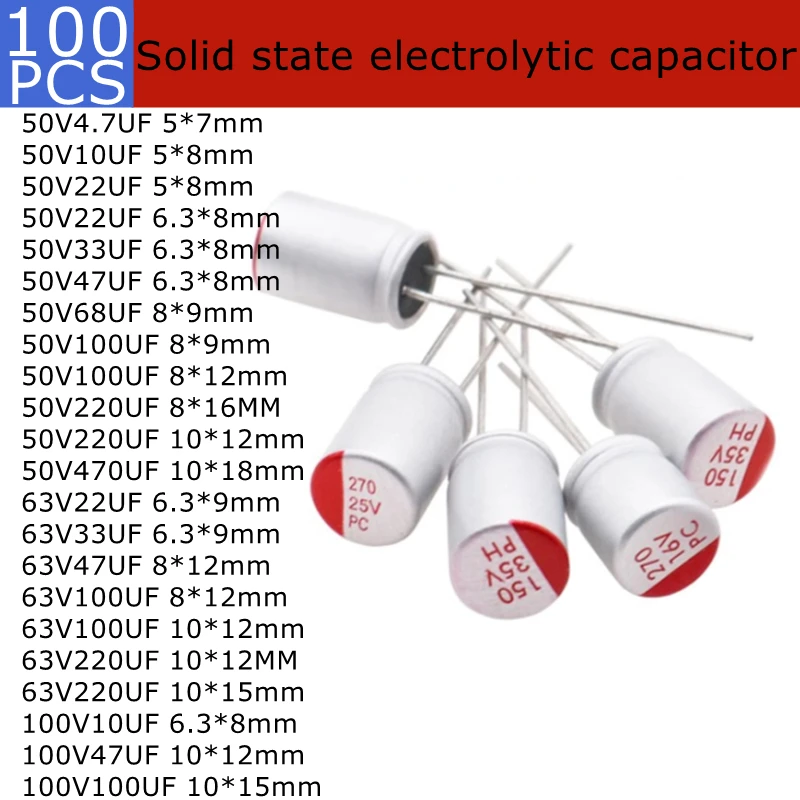 

100pcs 50V Through Hole Solid state electrolytic capacitors 4.7uf 10UF 22uF 33UF 47UF 68UF 100UF 220UF 470UF 5*7mm 6.3*8mm 8*9mm