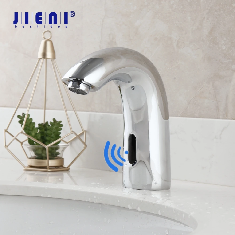 

JIENI Brass Basin Faucet Touchless Automatic Hands Touch Free Sensor Faucets Bathroom Chrome Hot Cold Water Mixer Taps