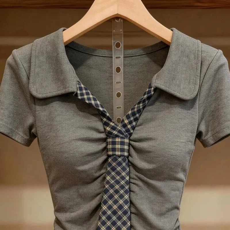 Plaid Contrast Patchwork Street Casual Tops Summer Polo Neck Short Sleeve Pleated Korean T Shirts Fashion Trend Women Clothing