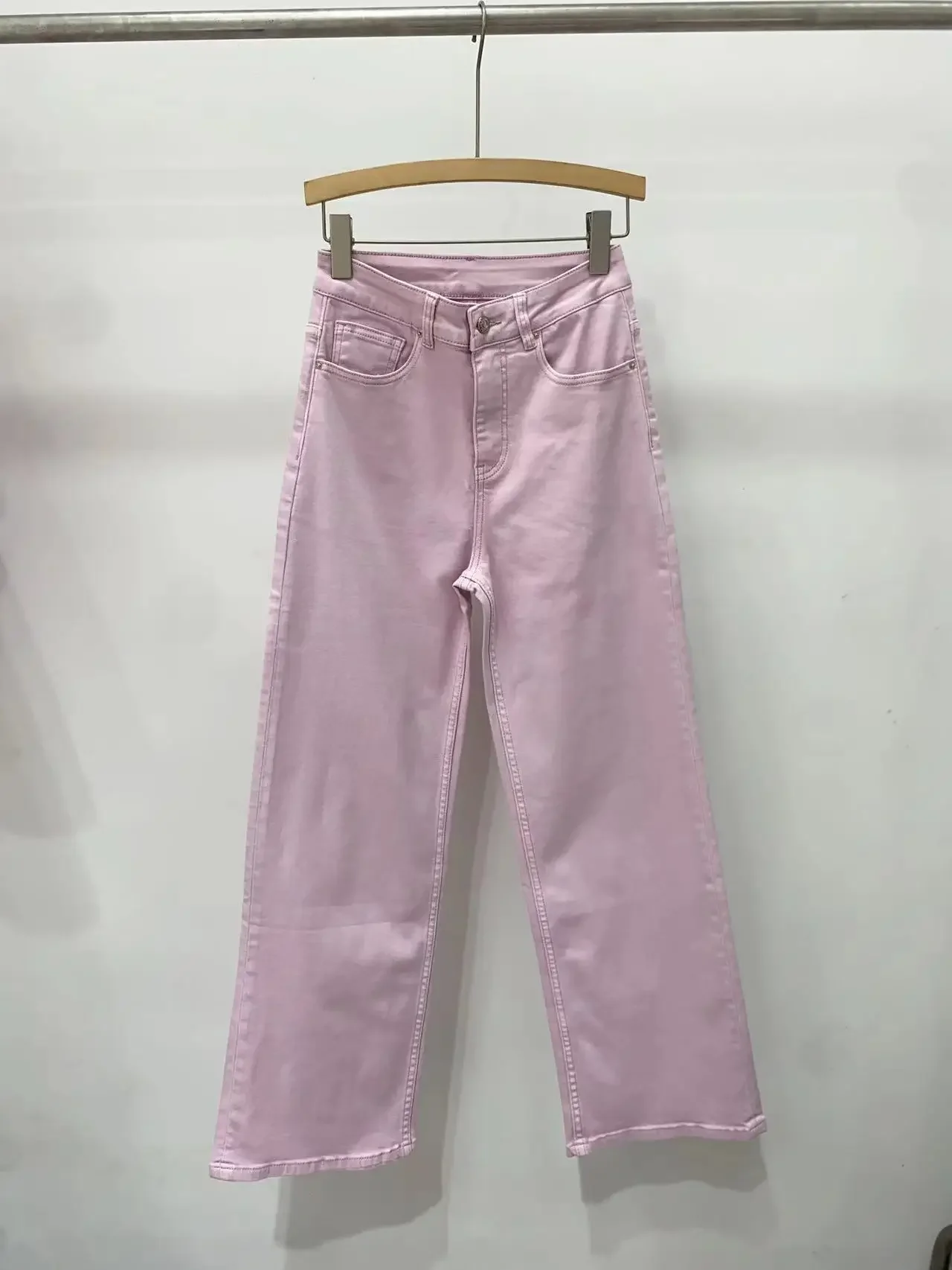 

Summer 2024 Women Pink Jeans Pockets High Waist Straight Loose Wide Leg Denim Long Pants