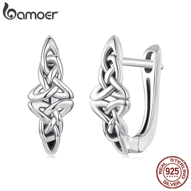 

BAMOER 925 Sterling Silver Double Celtic Knot Ear Buckles Hypoallergenic Cuff Hoop Earrings for Women Retro Ancient Jewelry Gift