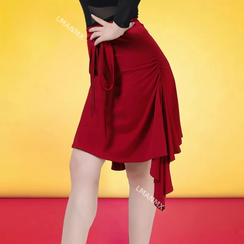 Strój do tańca latynoamerykańskiego, damski strój sceniczny dla dorosłych, nowa asymetryczna spódnica, rękawy z siateczki, dopasowany top z modalu