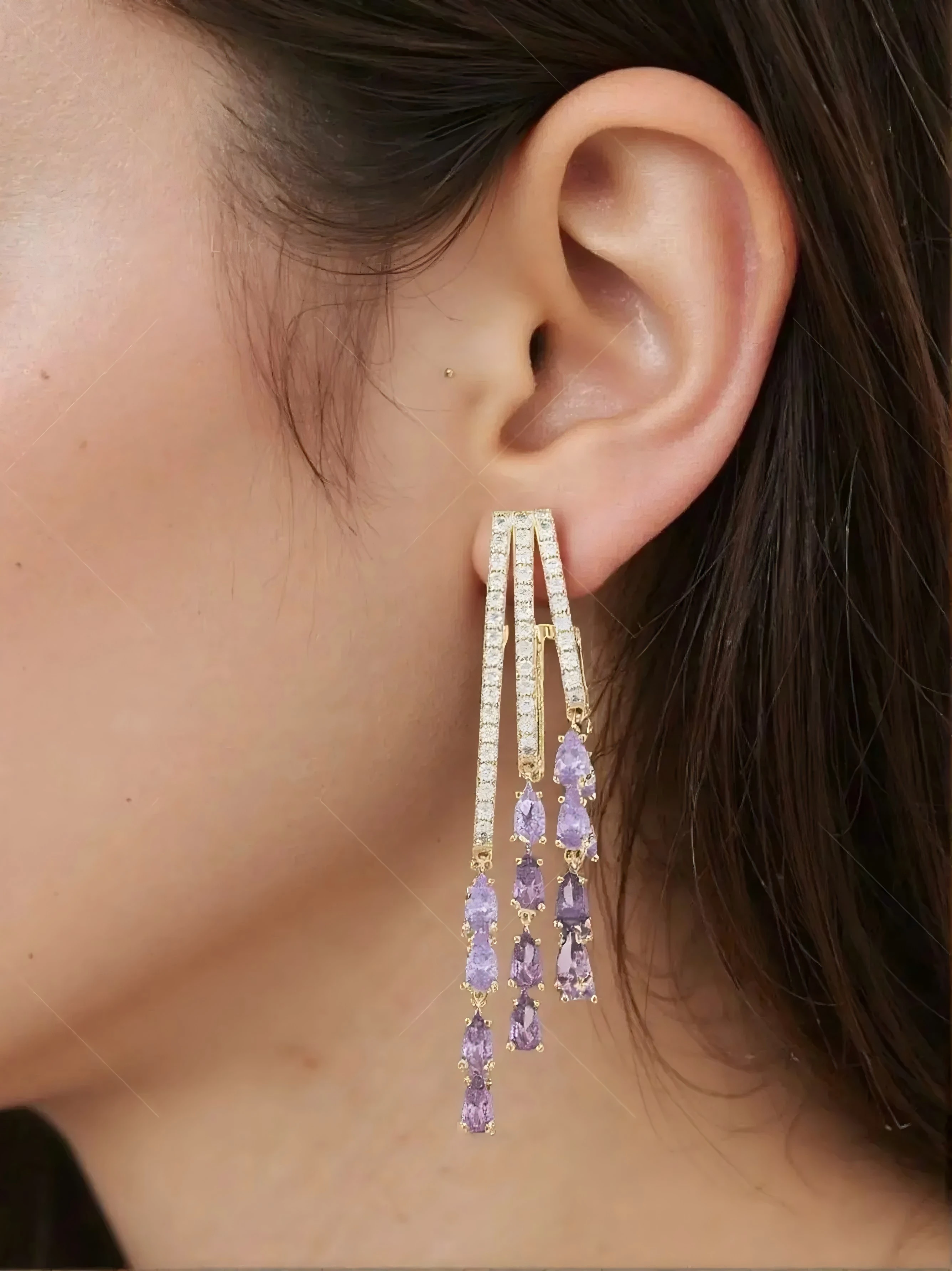 

S925 Silver Needle Gradient Purple Zircon Earrings with Olive Emerald Tassel | Luxury Unique Design Dinner & Wedding Jewelry