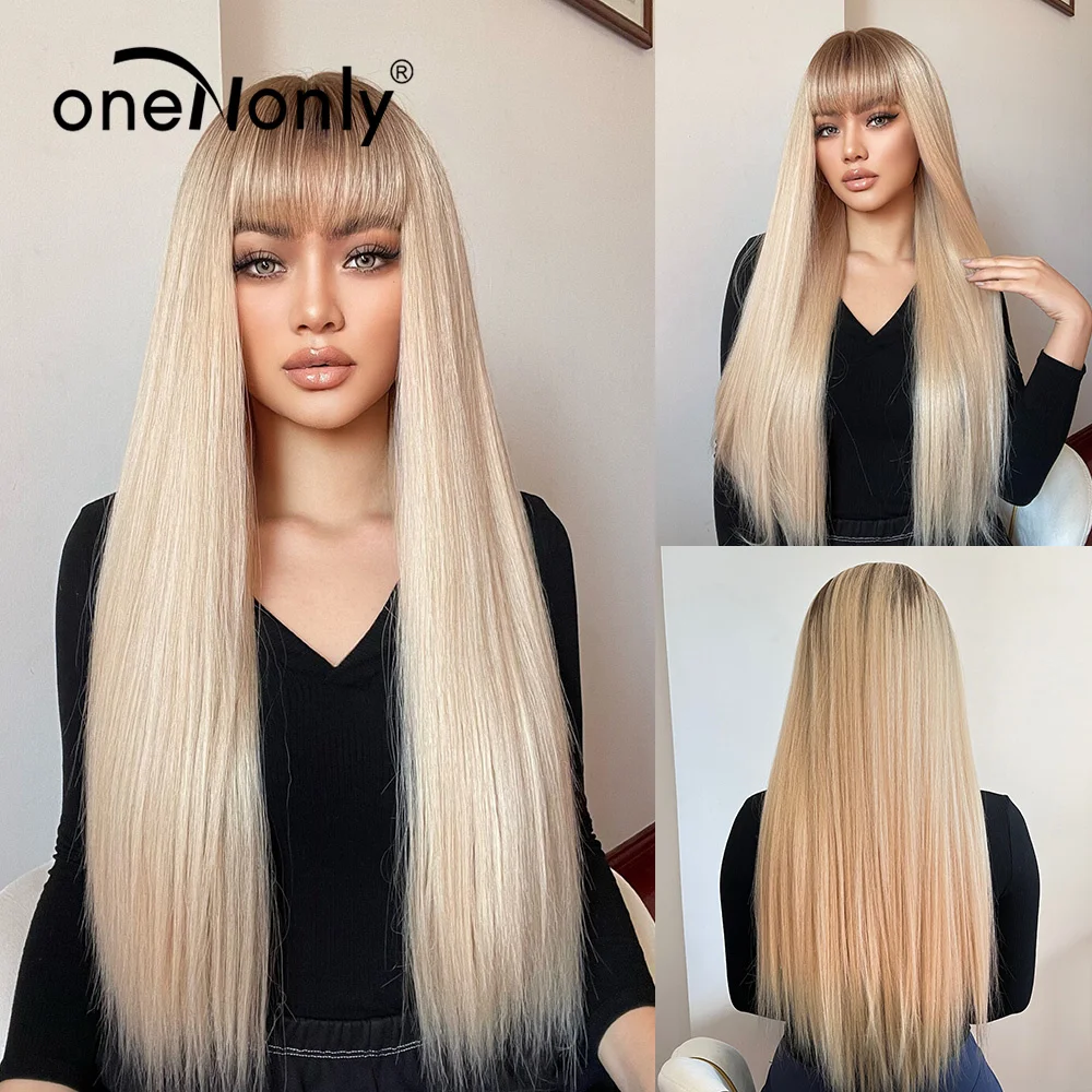 

oneNonly Long Blonde Wig Straight Women's Wigs with Bangs Party Cosplay Lolita Natural Hair Heat Resistant