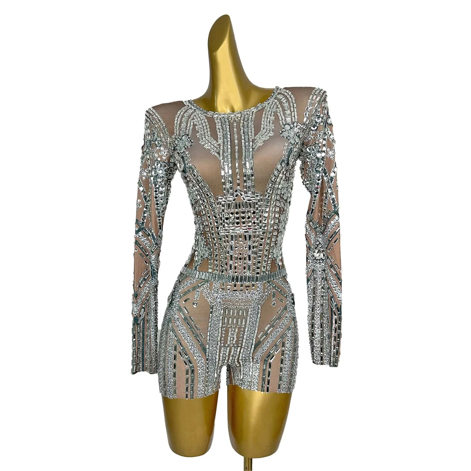 Sparkly Rhinestones Playsuit Women Sexy Dance Costume Nightclub Outfit Performance Show Stage Wear Party Birthday Rompers Guiji