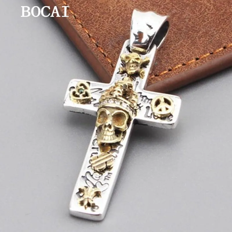 BOCAI NEW S925 Sterling Silver Vintage Punk Skull Cross Pendant Gift for Men and Women