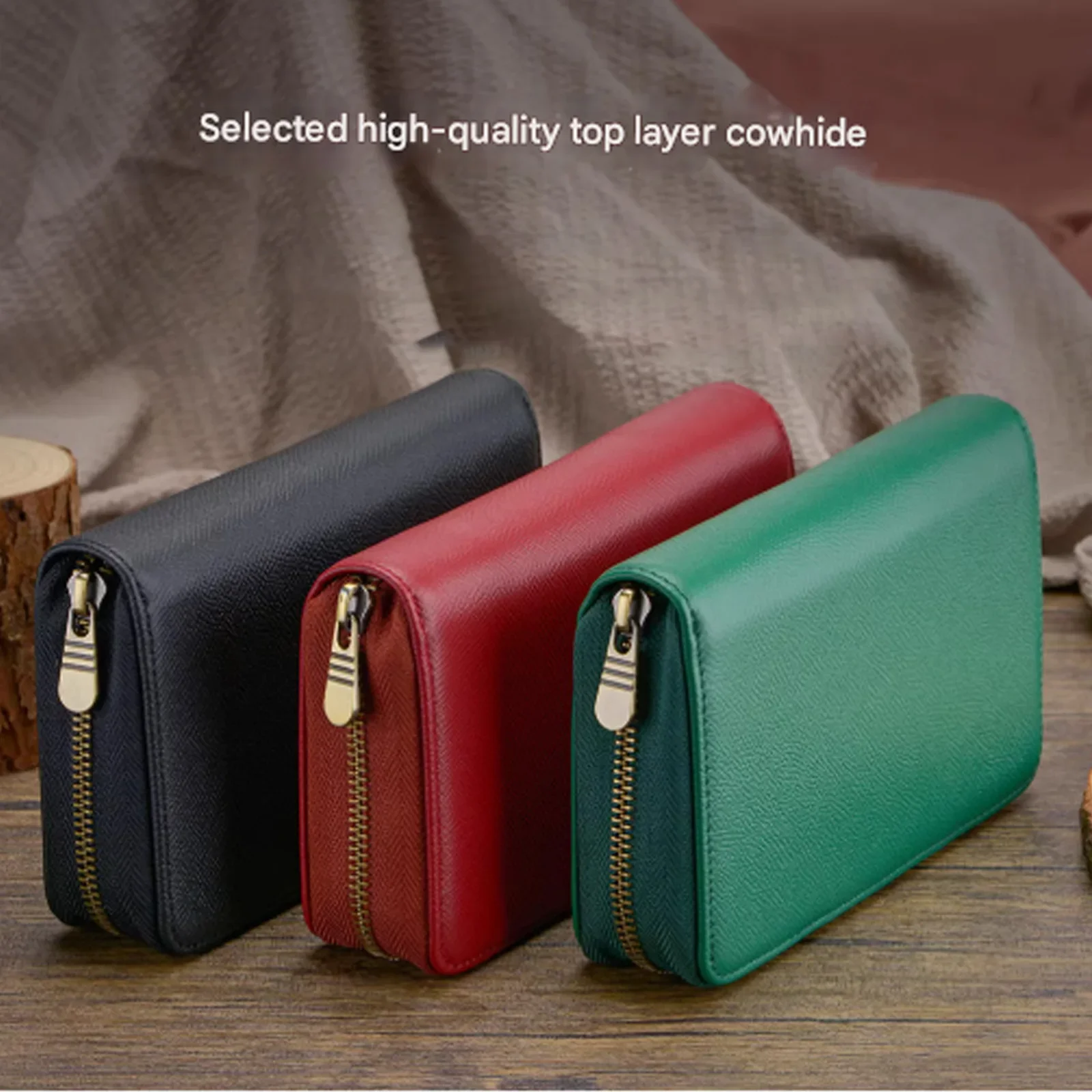 

New Fountain Pen Storage Bag Retro Genuine Leather 10 Grid Head Layer Leather Metal Zipper Pen Bag