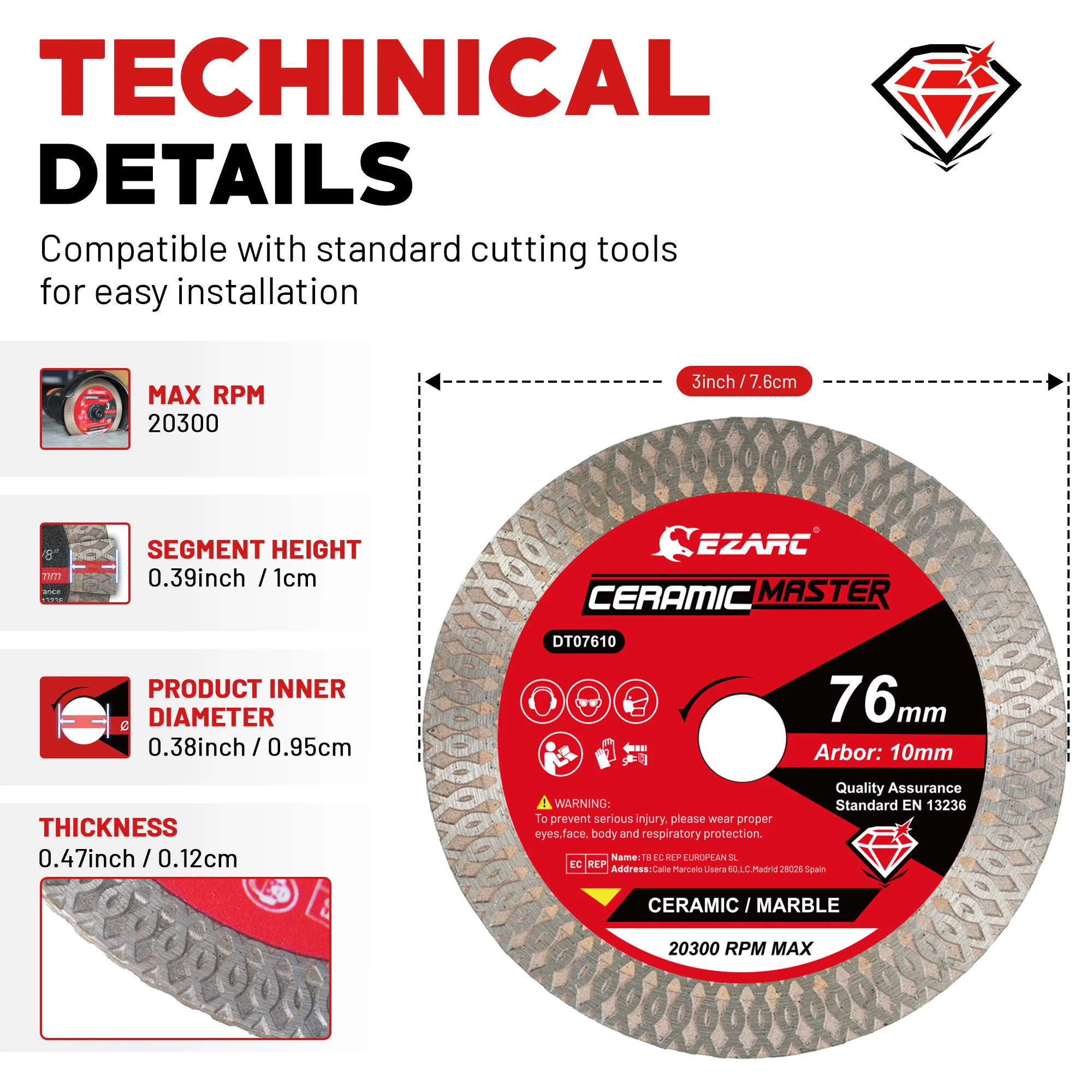 EZARC 76mm Diamond Cutting Disc Super Thin Saw Blade 10mm Arbor for Angle Grinder Wet / Dry Cutting Marble Tile Ceramic Granite