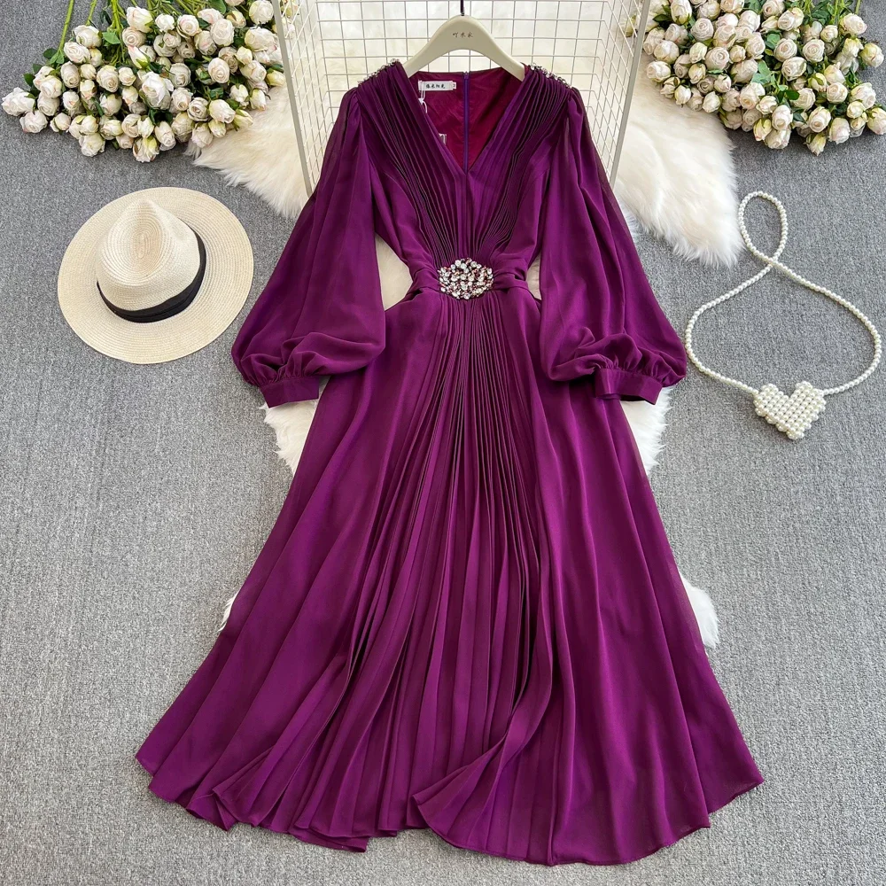 Women Diamonds Draped Chiffon Plated Party Long Dress Vacation Ladies V-neck Beading Swing Evening Elegant Dresses Robe Vestidos