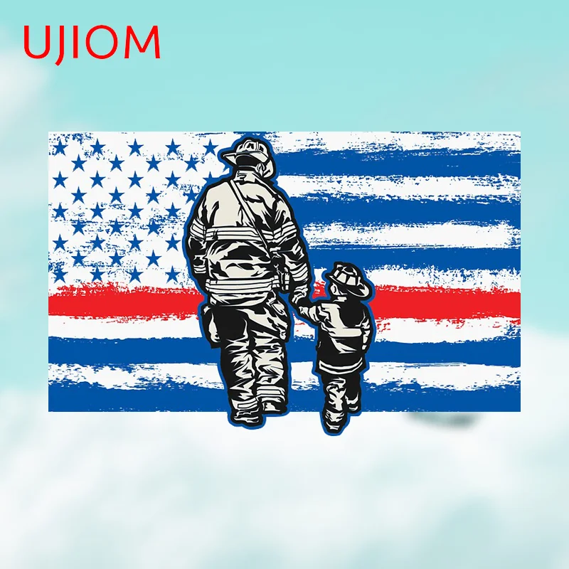 UJIOM Firefighter Dad And Son Thin Red Line USA Flag Living Room Decor Wall Stickers Wall Stickers Bathroom Poster Wall Decal
